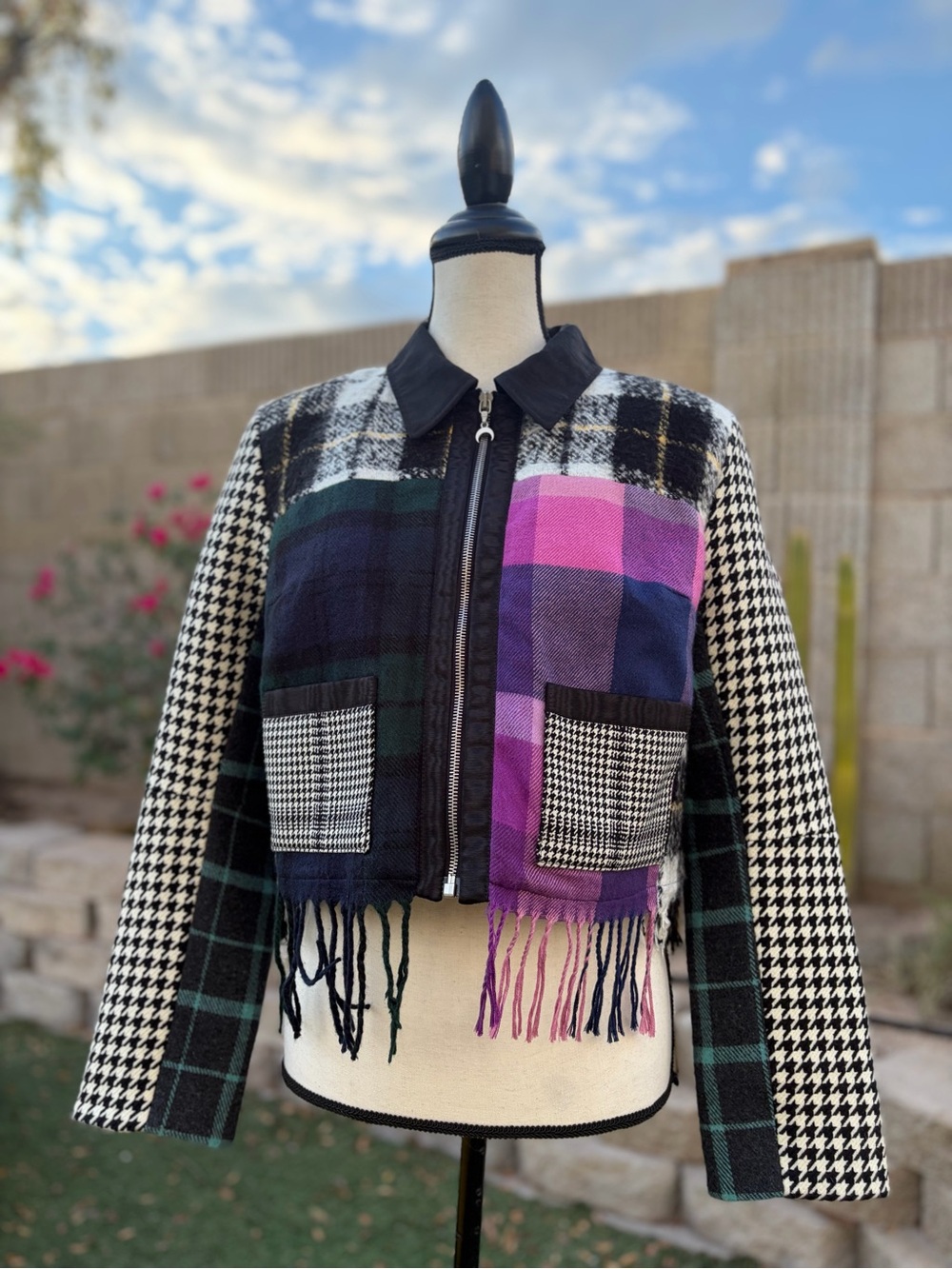 Marine Serre Clashing Tartans boxy plaid jacket upcycled scarves Selena Gomez